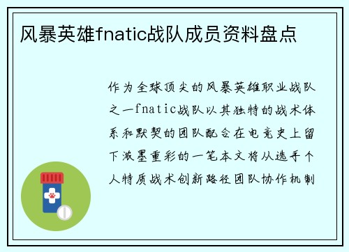 风暴英雄fnatic战队成员资料盘点